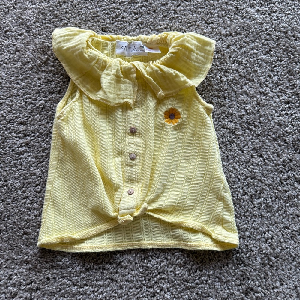 Zara Yellow Girls Tank Top with Ruffle Collar and Flower Patch
